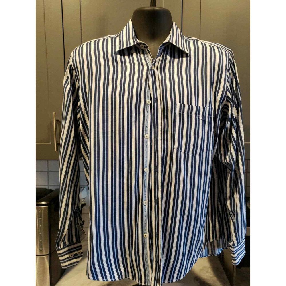 BUGATCHI UOMO Mens Shirt sz Large Blue White Striped